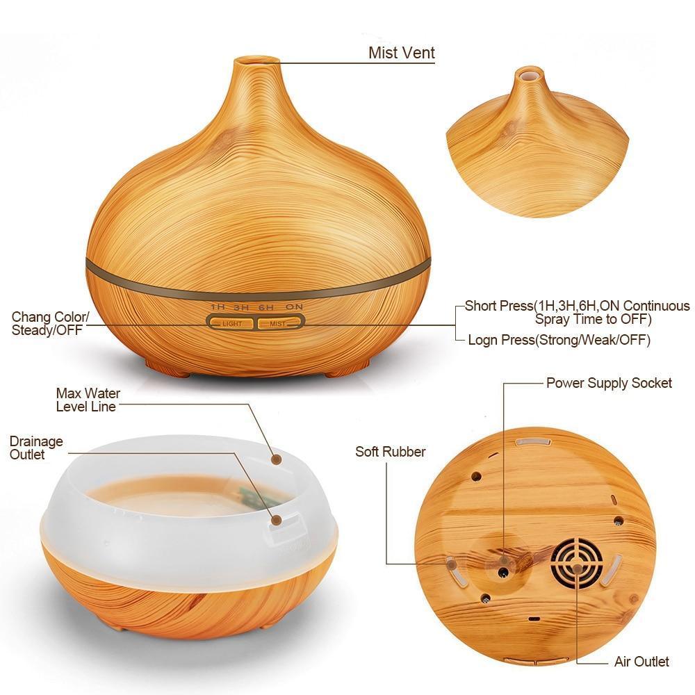 550ML Wood Grain Aroma Diffuser Ultrasonic Humidifier LED Mist Maker
