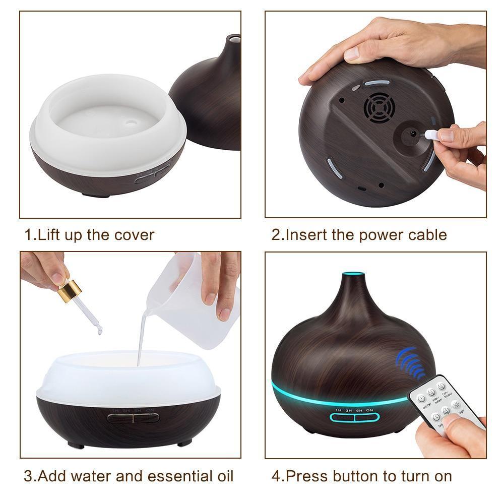 550ML Wood Grain Aroma Diffuser Ultrasonic Humidifier LED Mist Maker