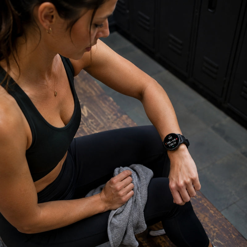Woman in athletic wear sitting on a bench with a locker in the background