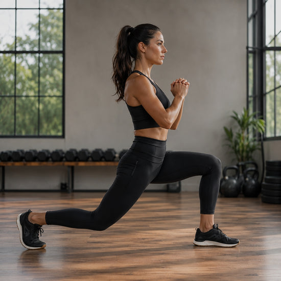 Woman performing a lunge in a gym setting