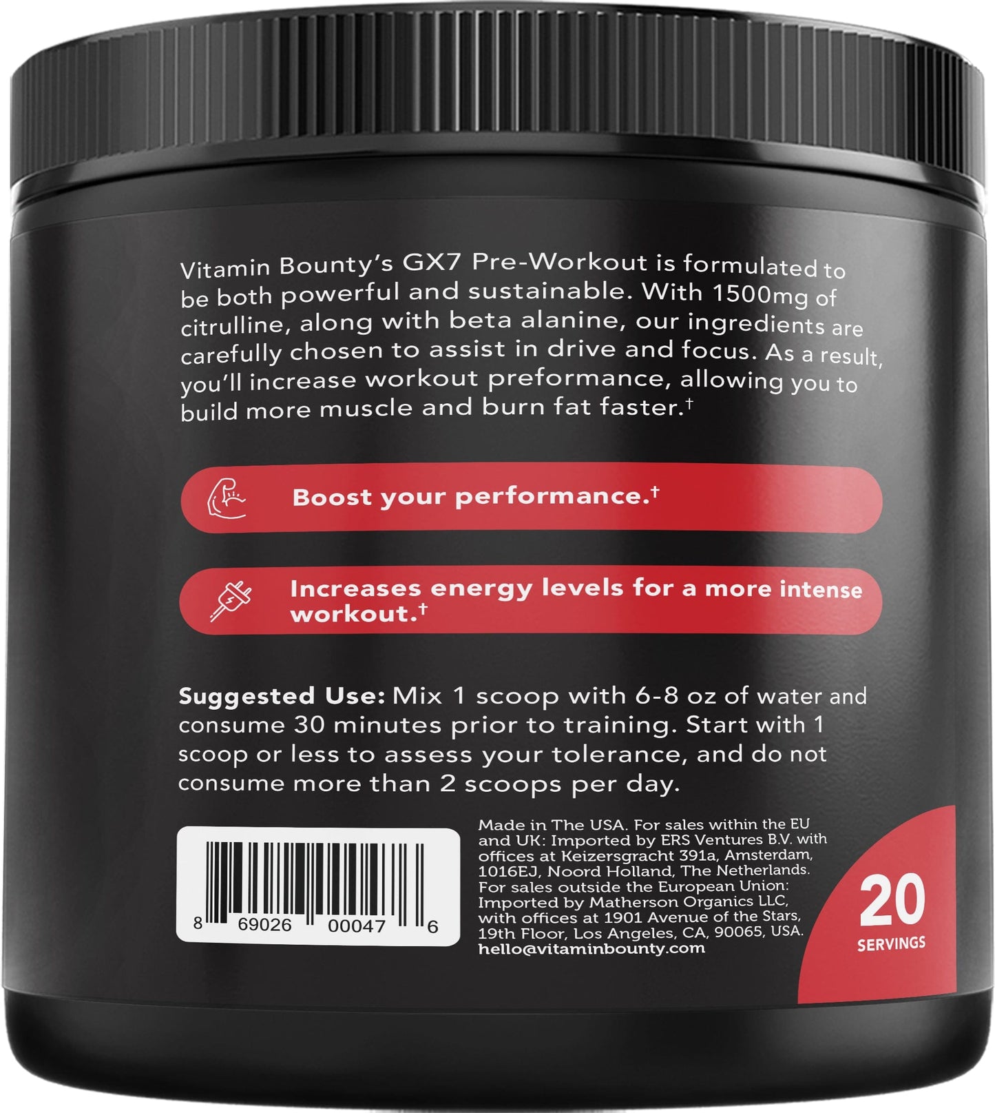 Watermelon Pre-Workout Energy Performance Supplement 30 Servings Formula
