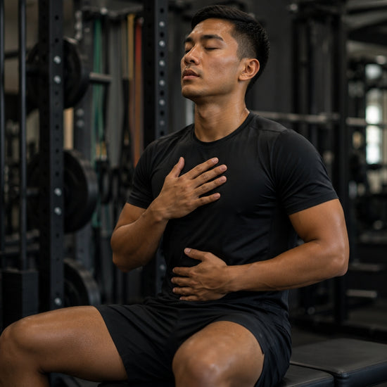 Man in black athletic wear sitting in a gym, looking tired or exhausted.