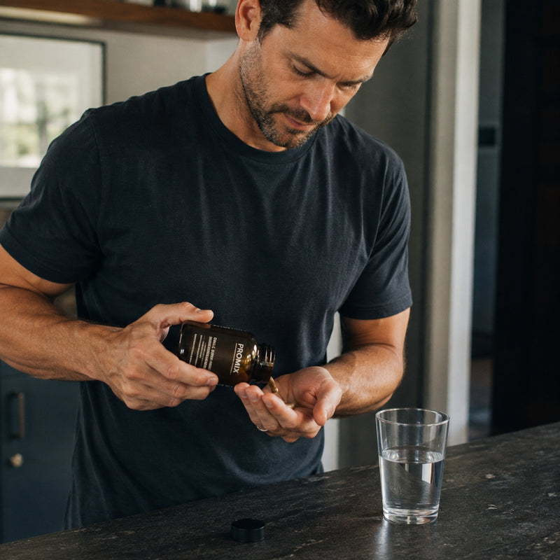Man pouring a supplement from a bottle into his hand with a glass of water on a kitchen counter.