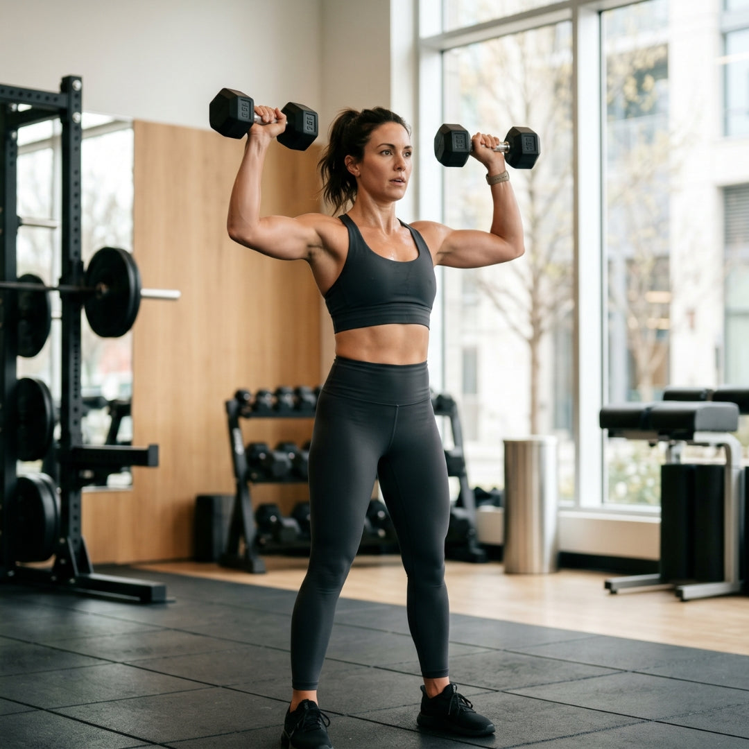 Woman exercising with dumbbells in a gym setting